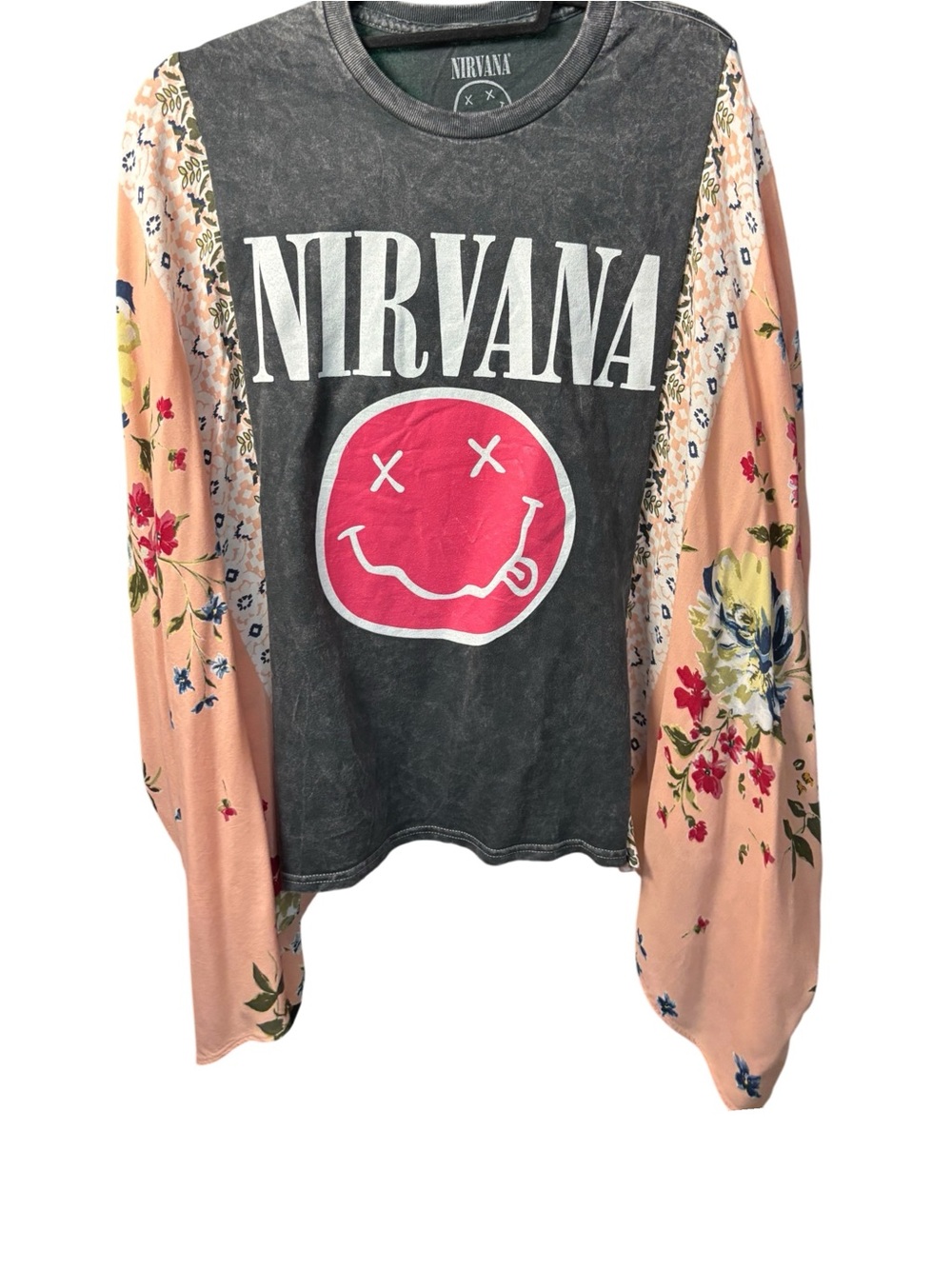 NIRVANA Black Washed Tee with Pink Smiley Upcycled with BohoPeach Floral Sleeves